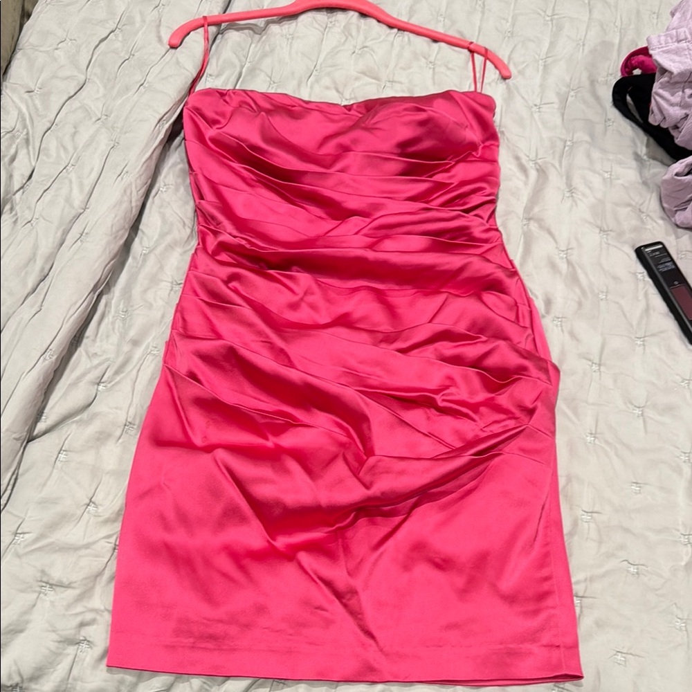 Cache Pink Satin strapless scrunched Dress